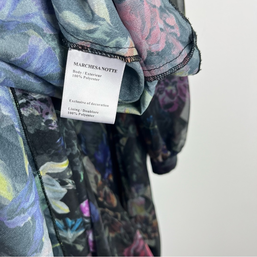 Marchesa Notte Metallic Sheer Multicolor Floral
Pleated Gown Size 12 Moody Black - Picture 8 of 13